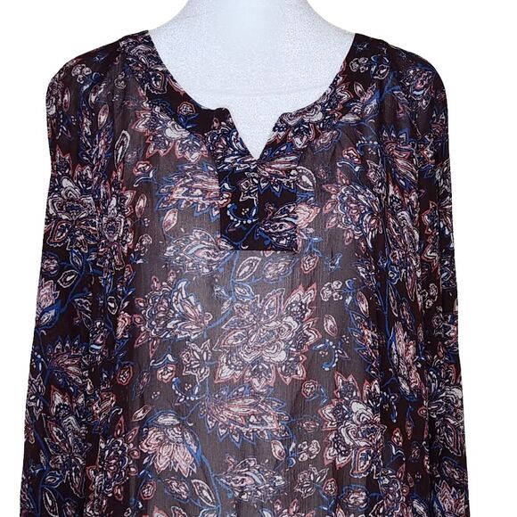 Garnet Hill Sheer Silk Dress Split Neck 3/4 Sleeve Brown Floral Women's Size 6 - Picture 3 of 11
